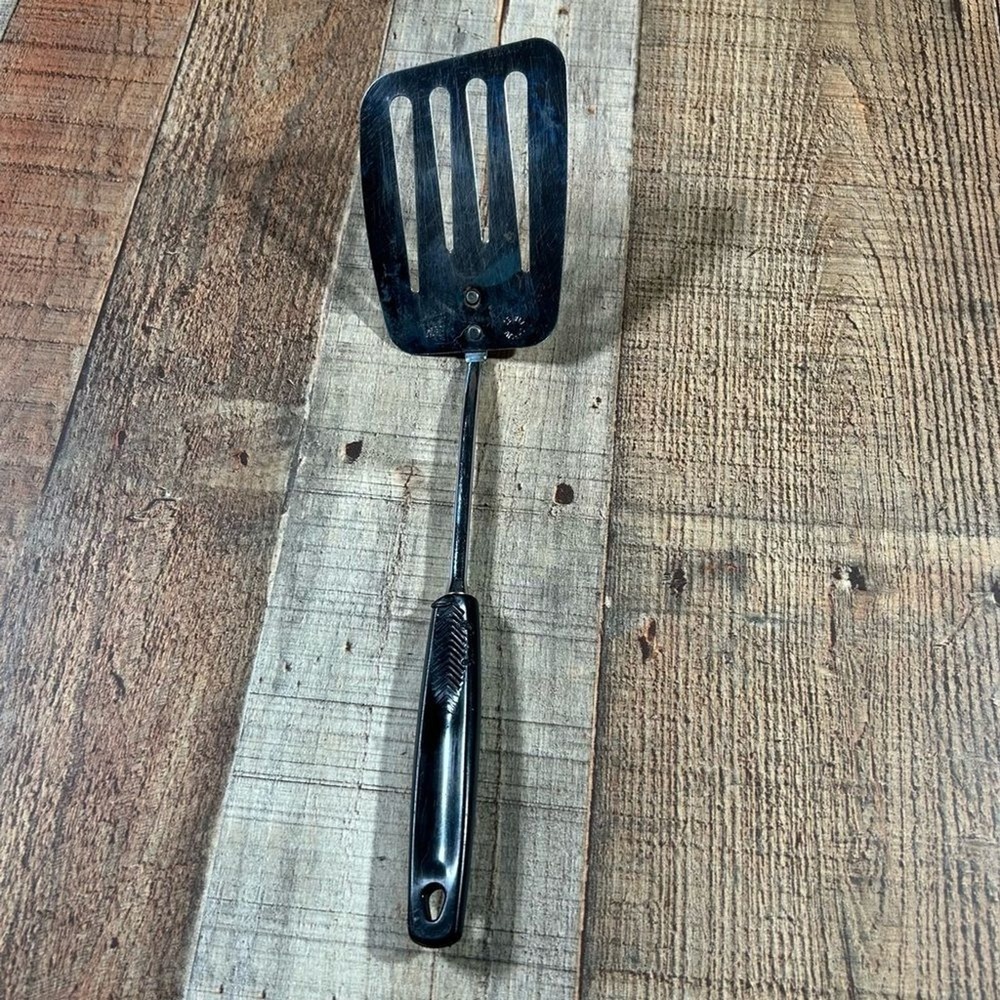 Vintage Foley USA Chrome Slotted Spatula Black Handle Mid Century 11.5" Kitchen